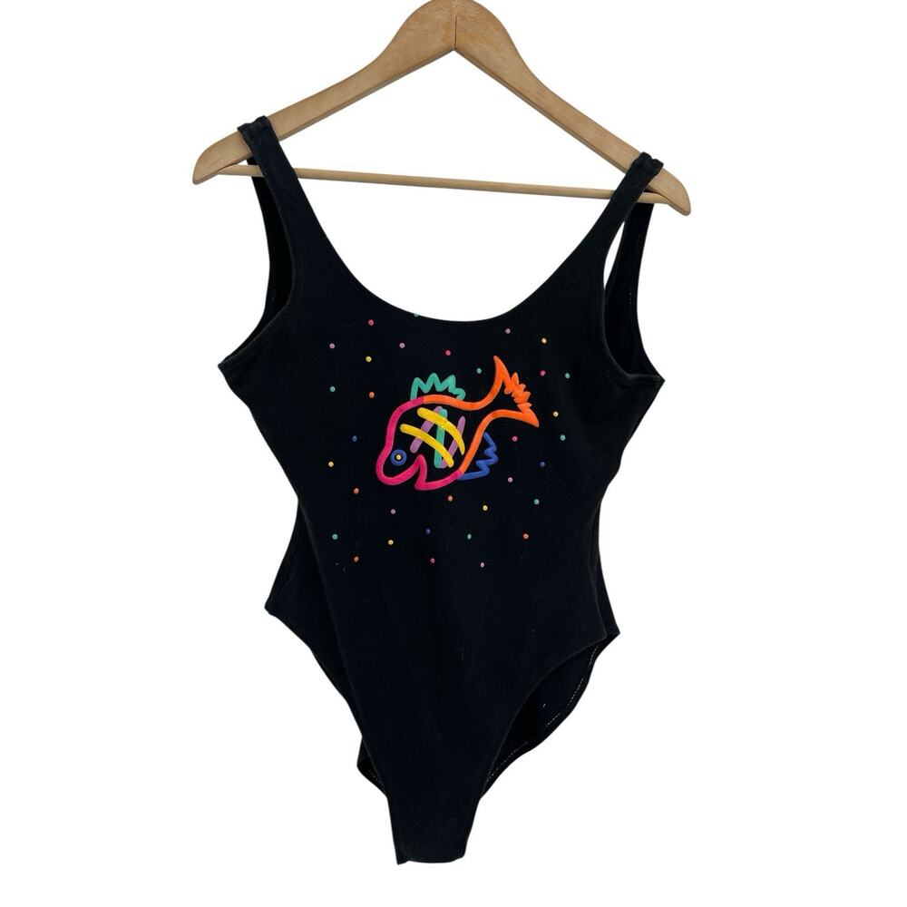 Vintage 80s Gitano Graphic Print Black Body Suit 9/10 Aerobics